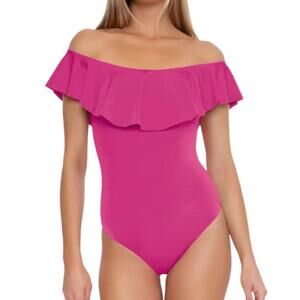 New Trina Turk Monaco Off the Shoulder Ruffle One-Piece Swimsuit pink size 20